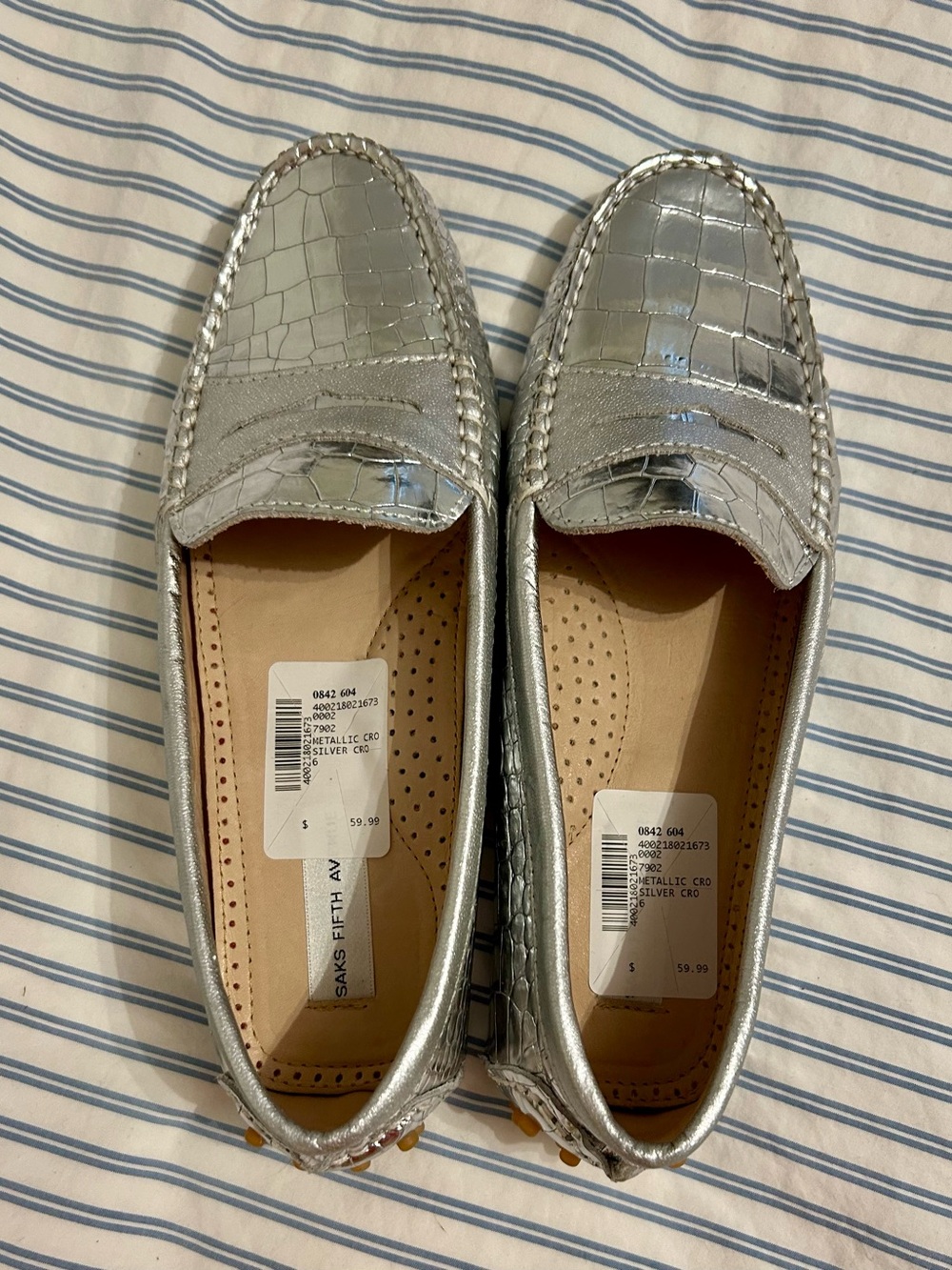 Saks Fifth Avenue Silver Croc-Embossed Penny Loafers- NWT